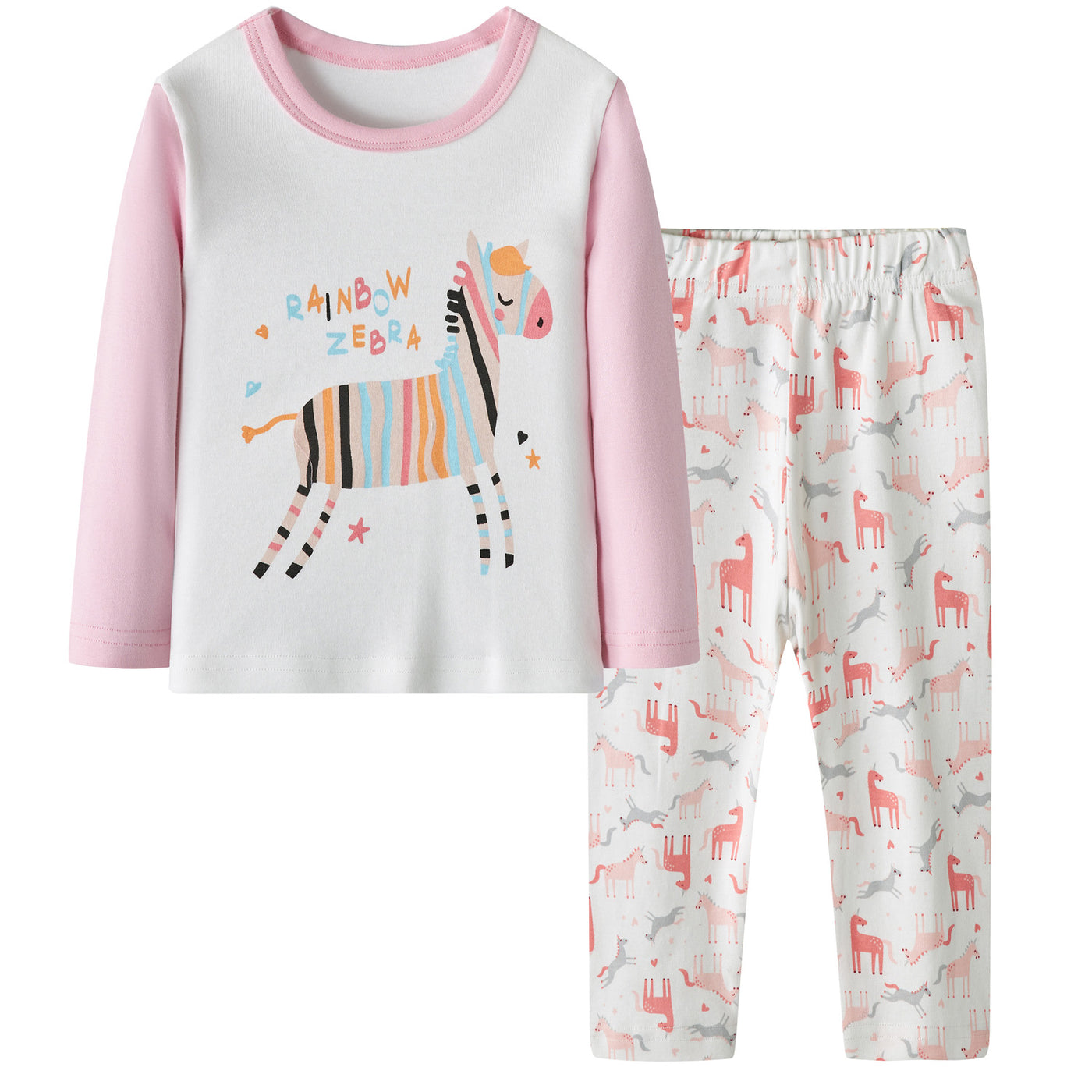 Baby Kids Pajamas Rainbow Zebra Printed Top w Pink Horse Prints Pants Set - Little Kooma