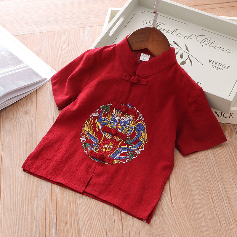 [KB09] Boys Cheongsam Set Embroidered Dragon Front Buttons CNY Chinese New Year Outfit - Little Kooma