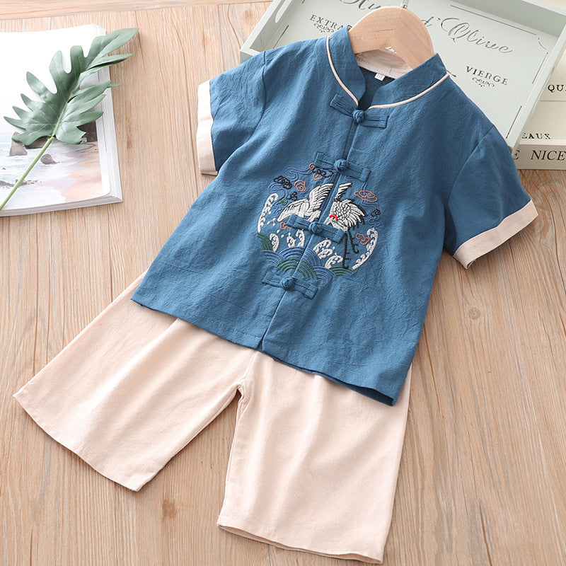 [KB06] Kids Boys Cheongsam Set Top n Shorts Embroidered Crane n Circle Auspicious Clouds CNY Chinese New Year Outfit - Little Kooma