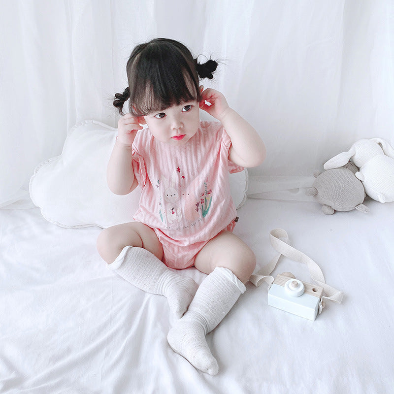 [ZBG11] Baby Girl Puff Sleeve Bodysuit w Printed Bunnies - Little Kooma