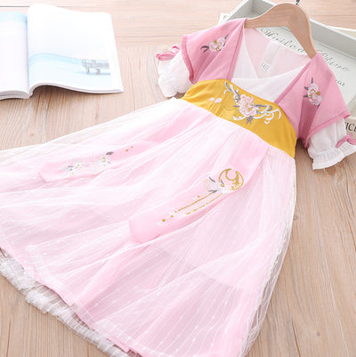 [KG22] Kids Girls Voile Splicing Cheongsam Dress w Embroidered Flowers Frill Sleeve CNY Chinese New Year Outfit - Little Kooma