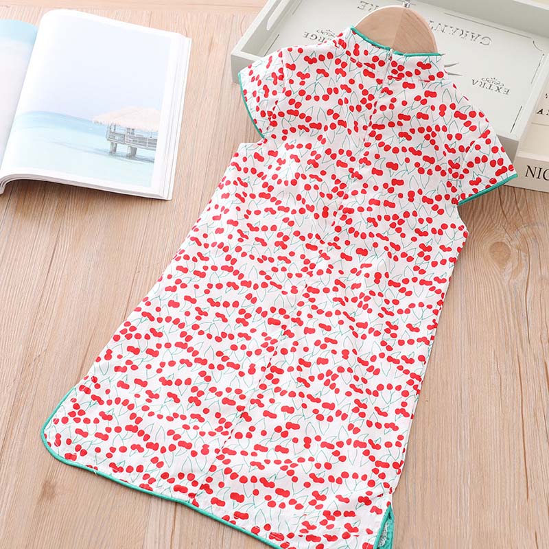 [KG03] Kids Girls Cherries Cheongsam Dress Cap Sleeves CNY Chinese New Year Outfit - Little Kooma