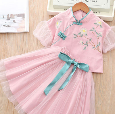 [KG07] Kids Girls Voile Cheongsam Set Top n Skirt Embroidered Peony CNY Chinese New Year Outfit - Little Kooma