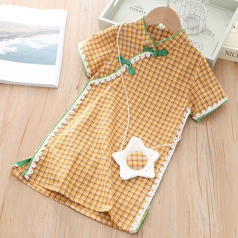 [KG01] Kids Girls Lace Trim Plaid Cheongsam Dress n Sling Bag CNY Chinese New Year Outfit - Little Kooma