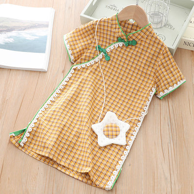 [KG01] Kids Girls Lace Trim Plaid Cheongsam Dress n Sling Bag CNY Chinese New Year Outfit - Little Kooma