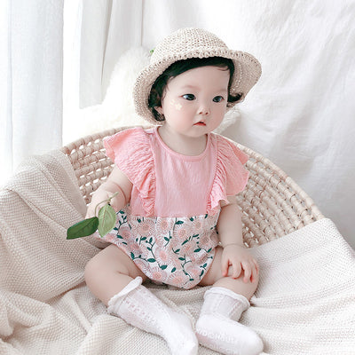 [ZBG13] Baby Girl Splicing Floral Bodysuit Ruffled Sleeves White Chrysanthemum - Little Kooma