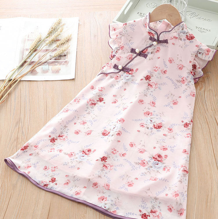 [KG10] Kids Girls Voile Floral Cheongsam Dress Ruffled Sleeves CNY Chinese New Year Outfit - Little Kooma