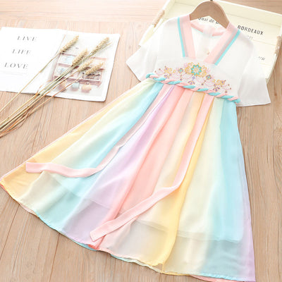 [KG14] Kids Girls Colorful Unicorn Voile Splicing Cheongsam Dress w Embroidered Flowers CNY Chinese New Year Outfit - Little Kooma
