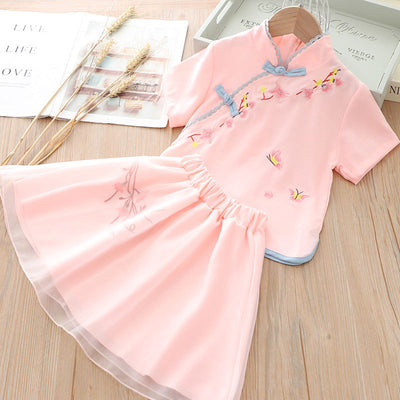 [KG06] Kids Girls Voile Cheongsam Set Top n Skirt Embroidered Flower n Butterfly CNY Chinese New Year Outfit - Little Kooma