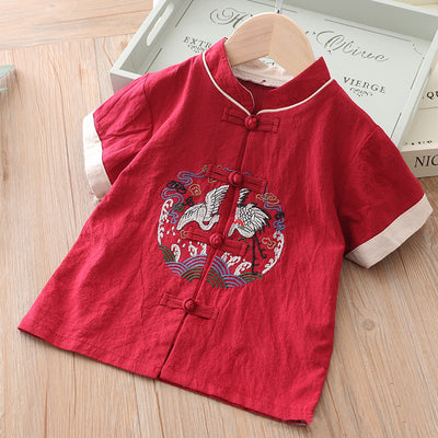 [KB06] Kids Boys Cheongsam Set Top n Shorts Embroidered Crane n Circle Auspicious Clouds CNY Chinese New Year Outfit - Little Kooma
