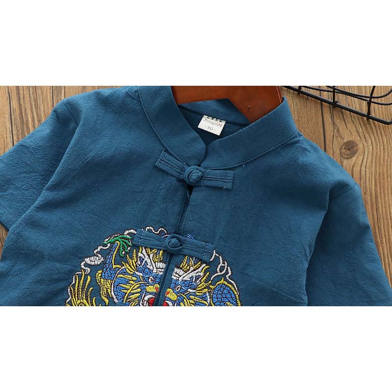 [KB09] Boys Cheongsam Set Embroidered Dragon Front Buttons CNY Chinese New Year Outfit - Little Kooma