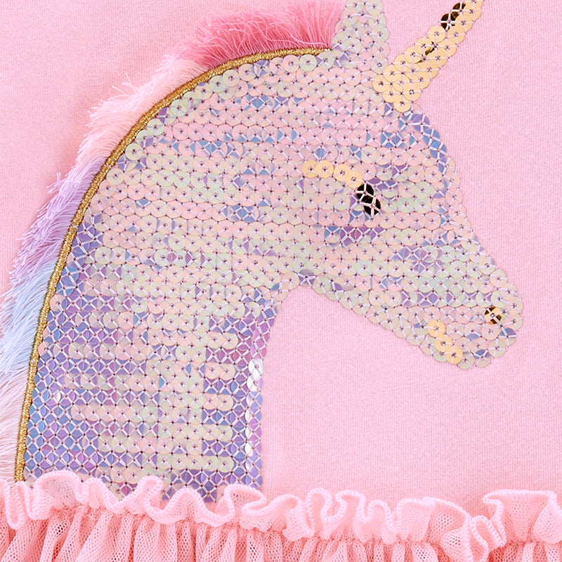 Kids Baby Girl's Splicing Pink Long Sleeve Voile Dress Sequin Unicorn - 1021 - Little Kooma