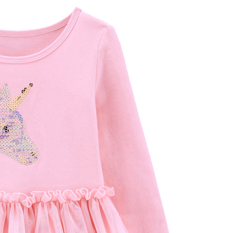 Kids Baby Girl's Splicing Pink Long Sleeve Voile Dress Sequin Unicorn - 1021 - Little Kooma