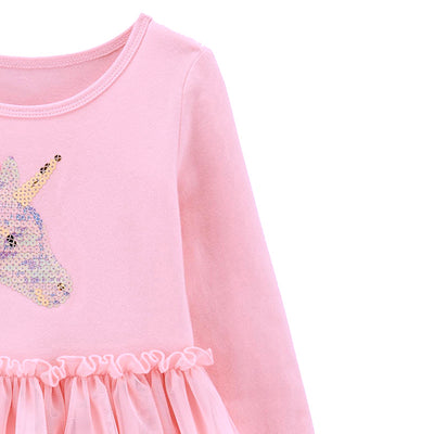 Kids Baby Girl's Splicing Pink Long Sleeve Voile Dress Sequin Unicorn - 1021 - Little Kooma
