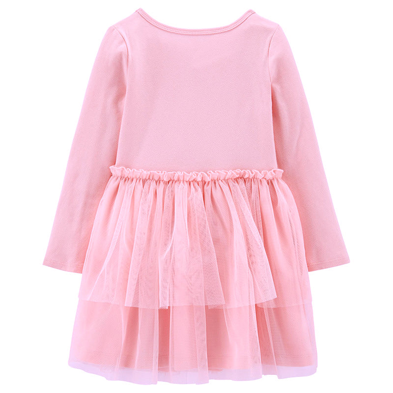 Kids Baby Girl's Splicing Pink Long Sleeve Voile Dress Sequin Unicorn - 1021 - Little Kooma