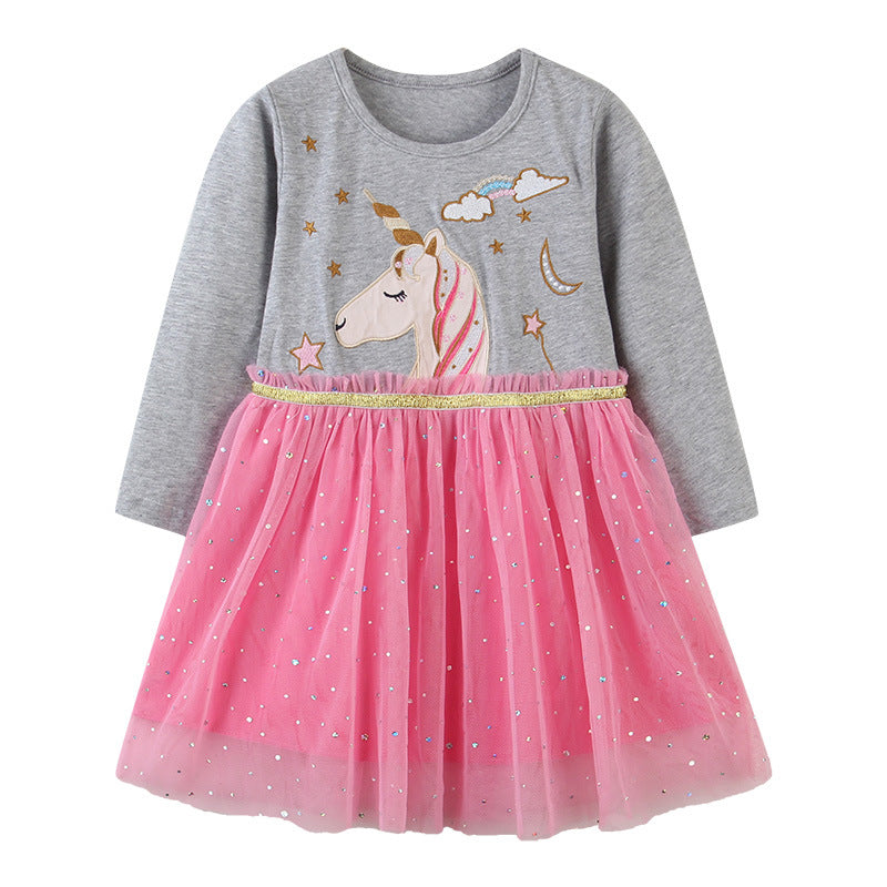 Kids Baby Girl's Splicing Grey n Pink Long Sleeve Voile Dress Embroidered Unicorn - 1021 - Little Kooma