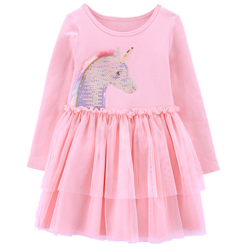 Kids Baby Girl's Splicing Pink Long Sleeve Voile Dress Sequin Unicorn - 1021 - Little Kooma
