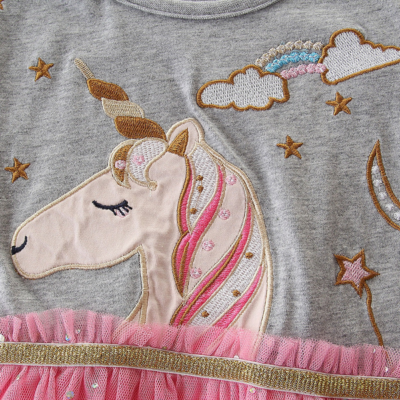 Kids Baby Girl's Splicing Grey n Pink Long Sleeve Voile Dress Embroidered Unicorn - 1021 - Little Kooma