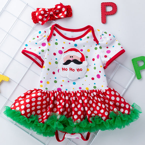 Baby Girl Christmas Outfit Santa Claus Colorful Dots Bodysuit Dress n Headwrap 2 Piece Set - 1124 - Little Kooma