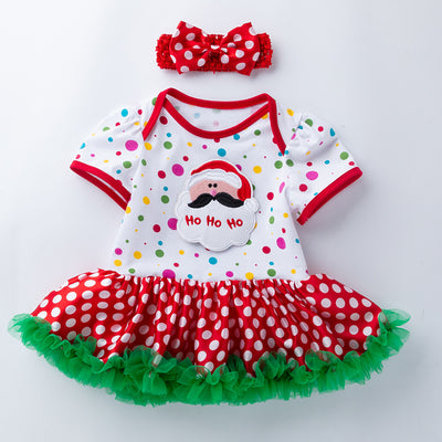 Baby Girl Christmas Outfit Santa Claus Colorful Dots Bodysuit Dress n Headwrap 2 Piece Set - 1124 - Little Kooma