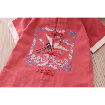 [KB08] Kids Boys Cheongsam Set Top n Shorts Embroidered Crane n Auspicious Clouds CNY Chinese New Year Outfit - Little Kooma
