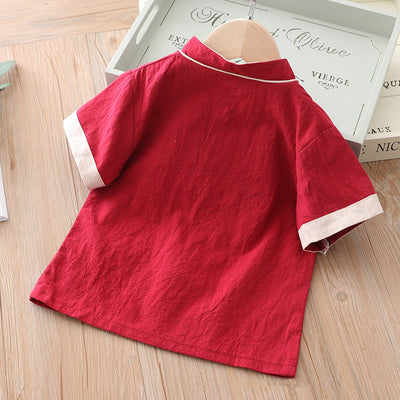 [KB06] Kids Boys Cheongsam Set Top n Shorts Embroidered Crane n Circle Auspicious Clouds CNY Chinese New Year Outfit - Little Kooma