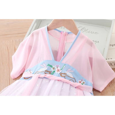 [KG12] Kids Girls Star All-over Voile Splicing Cheongsam Dress w Embroidered Bunnies CNY Chinese New Year Outfit - Little Kooma