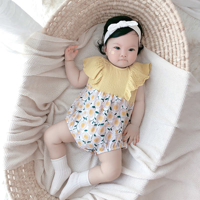 [ZBG13] Baby Girl Splicing Floral Bodysuit Ruffled Sleeves White Chrysanthemum - Little Kooma