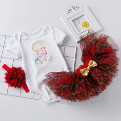 Baby Girl Christmas Outfit Embroidered Christmas Sock White Short Sleeve Bodysuit n Voile Plaid Skirt n Headwrap 3 Piece Set - 1124 - Little Kooma
