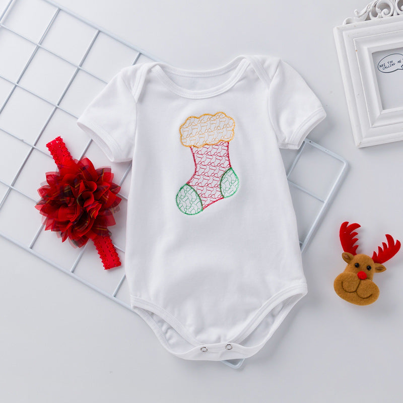 Baby Girl Christmas Outfit Embroidered Christmas Sock White Short Sleeve Bodysuit n Voile Plaid Skirt n Headwrap 3 Piece Set - 1124 - Little Kooma