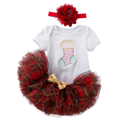 Baby Girl Christmas Outfit Embroidered Christmas Sock White Short Sleeve Bodysuit n Voile Plaid Skirt n Headwrap 3 Piece Set - 1124 - Little Kooma