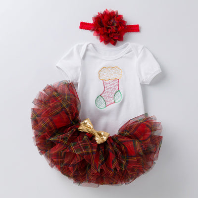 Baby Girl Christmas Outfit Embroidered Christmas Sock White Short Sleeve Bodysuit n Voile Plaid Skirt n Headwrap 3 Piece Set - 1124 - Little Kooma