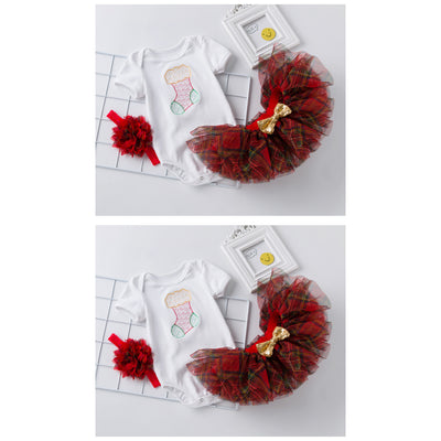 Baby Girl Christmas Outfit Embroidered Christmas Sock White Short Sleeve Bodysuit n Voile Plaid Skirt n Headwrap 3 Piece Set - 1124 - Little Kooma