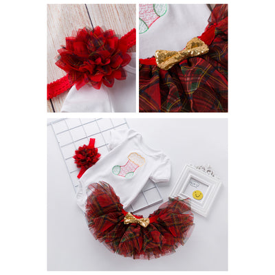 Baby Girl Christmas Outfit Embroidered Christmas Sock White Short Sleeve Bodysuit n Voile Plaid Skirt n Headwrap 3 Piece Set - 1124 - Little Kooma