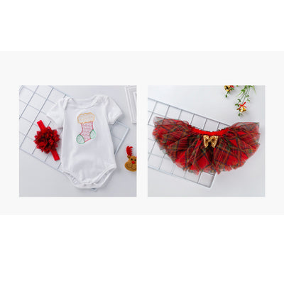 Baby Girl Christmas Outfit Embroidered Christmas Sock White Short Sleeve Bodysuit n Voile Plaid Skirt n Headwrap 3 Piece Set - 1124 - Little Kooma