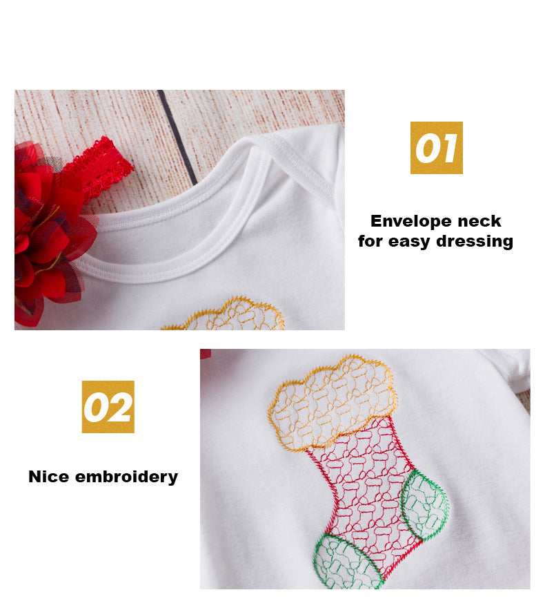 Baby Girl Christmas Outfit Embroidered Christmas Sock White Short Sleeve Bodysuit n Voile Plaid Skirt n Headwrap 3 Piece Set - 1124 - Little Kooma