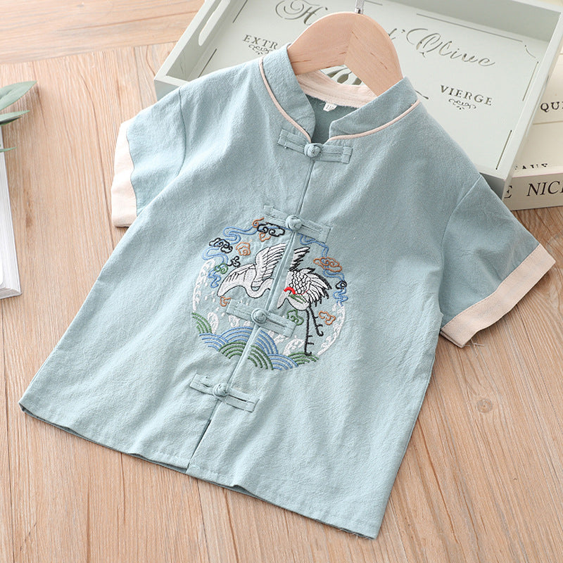 [KB06] Kids Boys Cheongsam Set Top n Shorts Embroidered Crane n Circle Auspicious Clouds CNY Chinese New Year Outfit - Little Kooma
