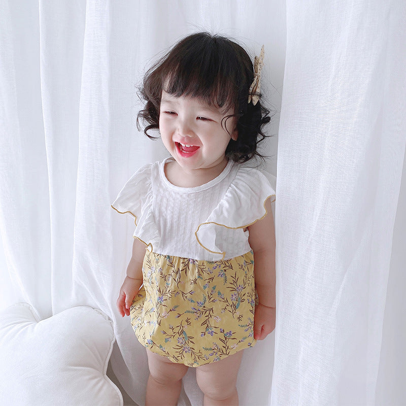 [ZBG10] Baby Girl Splicing Floral Bodysuit Ruffled Sleeves Little Flowers - Little Kooma