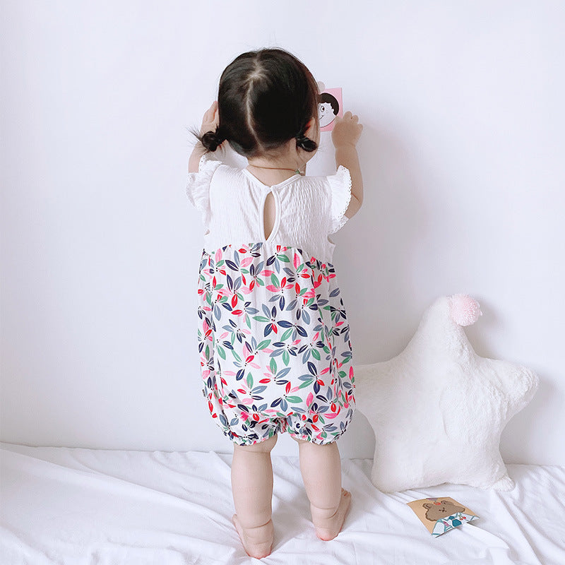 [ZBG12] Baby Girl Floral Splicing Romper Lace Ruffled Sleeves - Little Kooma