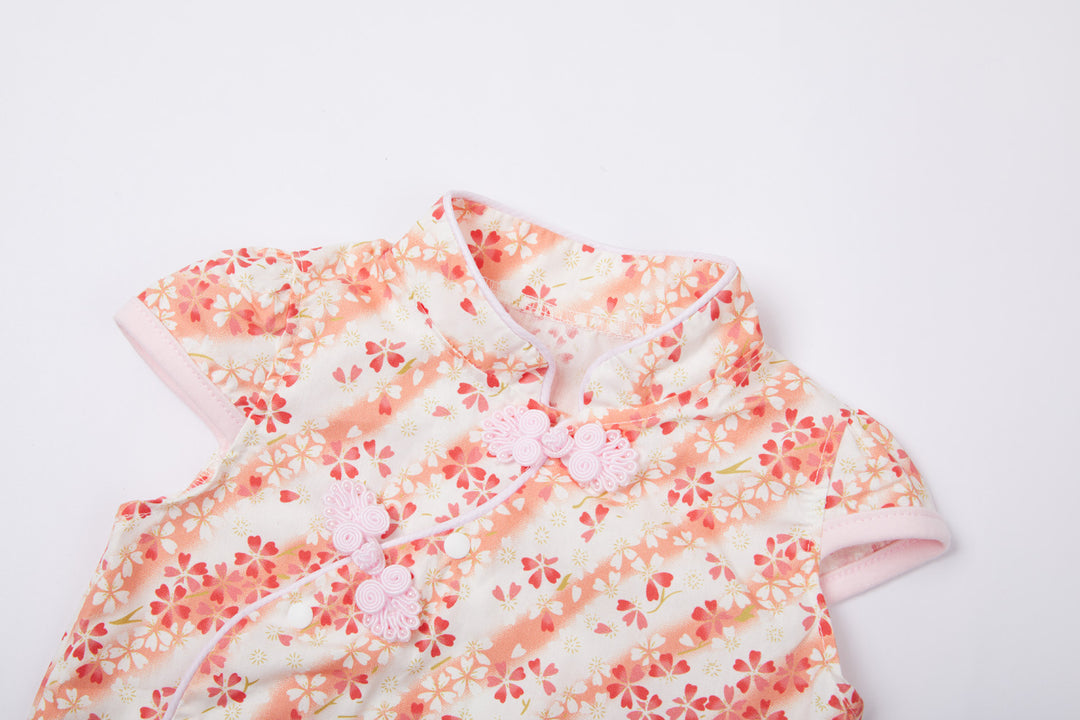 Baby Girl Cheongsam Romper Orange Stripes White n Red Flowers - Little Kooma