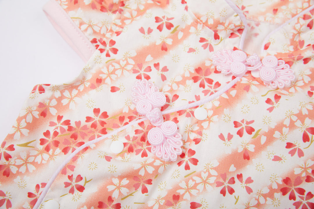 Baby Girl Cheongsam Romper Orange Stripes White n Red Flowers - Little Kooma