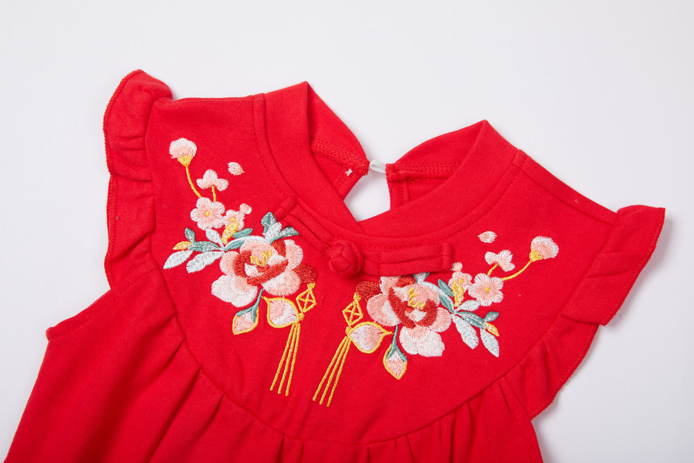 Baby Girl Cheongsam Romper Red w Pink Flowers - Little Kooma