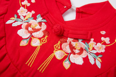 Baby Girl Cheongsam Romper Red w Pink Flowers - Little Kooma