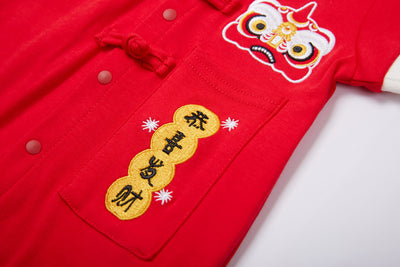 Baby Red Cheongsam Romper Gong Xi Fa Cai CNY Spring Couplets Pocket - Little Kooma