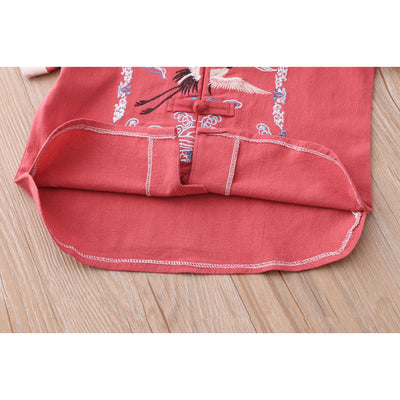 [KB08] Kids Boys Cheongsam Set Top n Shorts Embroidered Crane n Auspicious Clouds CNY Chinese New Year Outfit - Little Kooma