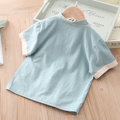 [KB06] Kids Boys Cheongsam Set Top n Shorts Embroidered Crane n Circle Auspicious Clouds CNY Chinese New Year Outfit - Little Kooma