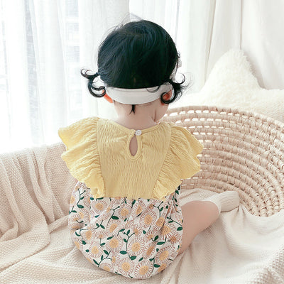 [ZBG13] Baby Girl Splicing Floral Bodysuit Ruffled Sleeves White Chrysanthemum - Little Kooma