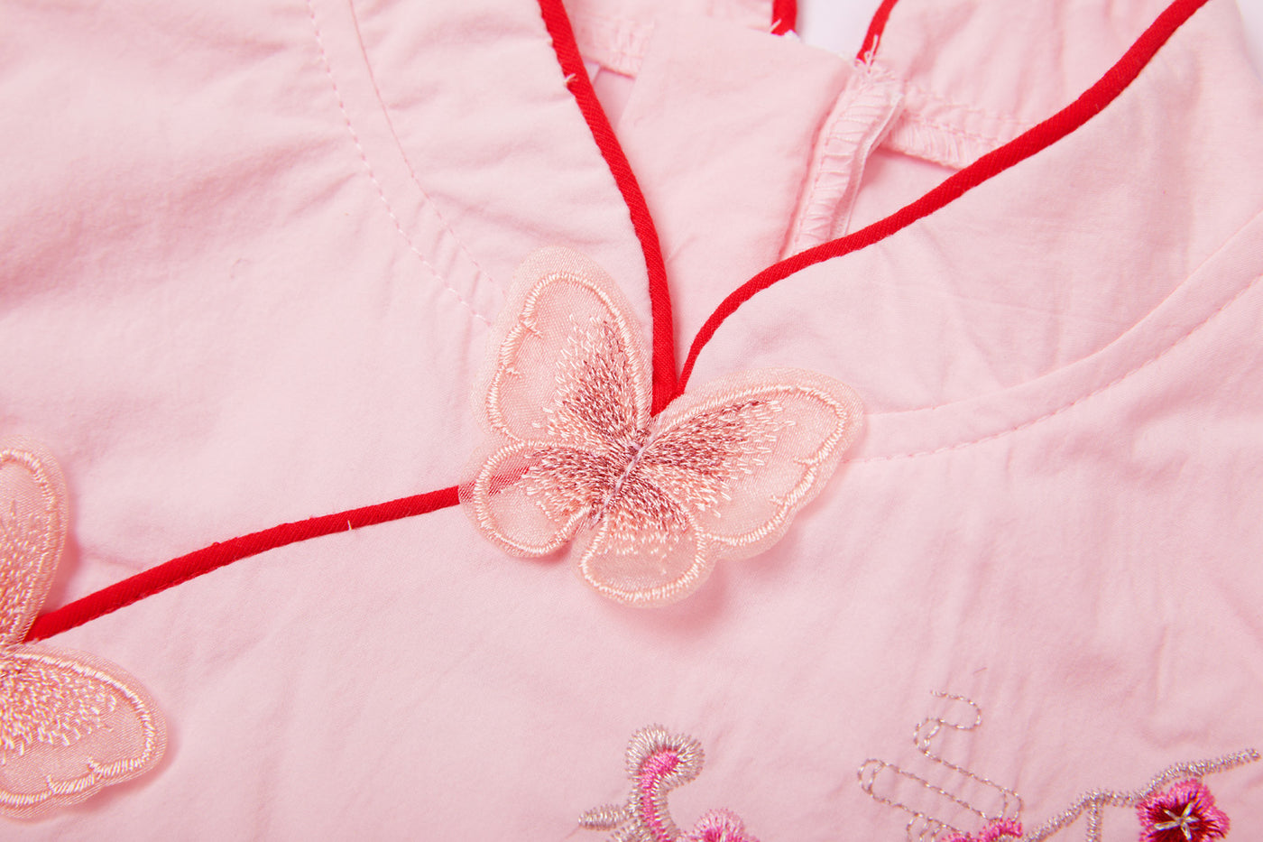 Baby Kids Girl Pink 3D Butterflies Cheongsam Dress w Embroidered Plum Flowers n Pink Shining Voile Dress - Little Kooma