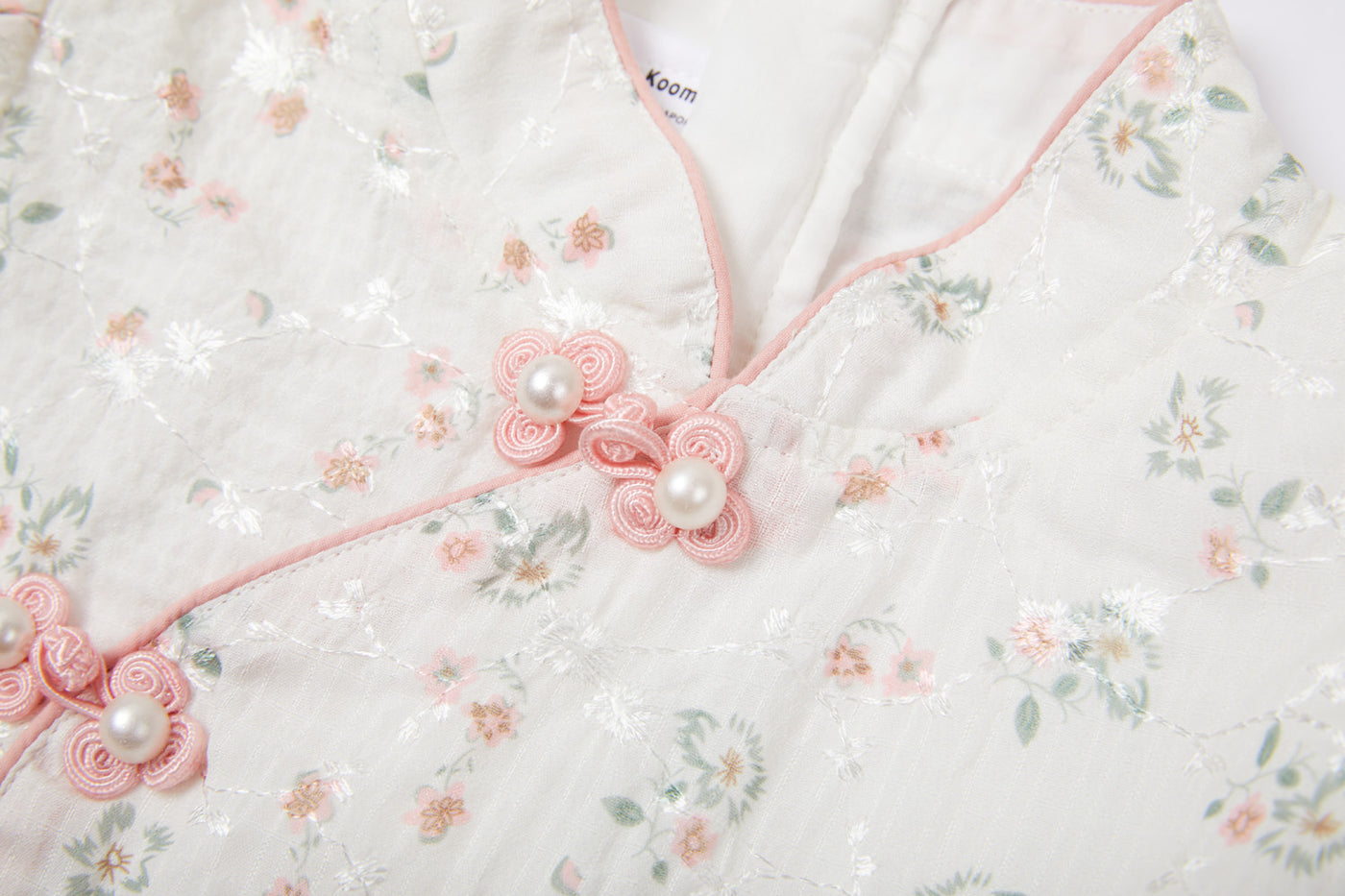 Baby Kids Girl Ivory Floral Cheongsam Dress w Embroidered Branches Green Leaves n Pink Flowers Prints - Little Kooma