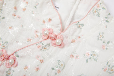 Baby Kids Girl Ivory Floral Cheongsam Dress w Embroidered Branches Green Leaves n Pink Flowers Prints - Little Kooma